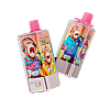 Two disposable vape devices with pink tops and silver bases lean at an angle against a black background, featuring bright cartoon monkey artwork and multicolored branding.