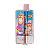A pink and black handheld vape device with a bright blue label featuring cartoon monkeys in colorful outfits, a pink top cap, and a pink metallic base, with flavor indicators reading Blueberry Ice and Peach Ice.