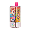 A compact vape pod with a bright pink mouthpiece and a metallic pink base, wrapped in a vibrant graphic showing a lion and a monkey wearing headphones and speaking into a microphone, with flavor labels like Blueberry Raspberry and Mixed Berry.