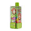 Bright green disposable energy drink bottle with a neon cap, featuring a colorful label with two cartoon monkeys in hoodies and the words Energy Drink and Blueberry Watermelon.