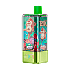 Compact vape device with a bright green mouthpiece and lime-green base, covered by a colorful label showing cartoon monkeys in jackets and flavor badges reading Strawberry Mango and Watermelon Bubble Gum.