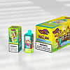 Bright yellow and green vape kit packaging featuring a large 4int box with cartoon monkeys, a turquoise pod device with a clear cartridge, and a smaller green box, all displaying nicotine warning labels.