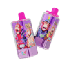 Two purple vape devices with pink caps tilted against a black background, each featuring bright monkey-themed artwork and flavor labels such as Blueberry Ice and Peach Mango Watermelon.