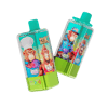 Two fruit-flavored juice pouches with turquoise caps, angled diagonally, featuring bright cartoon monkey characters on turquoise labels with green bottoms against a black background.