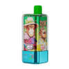 Brightly colored disposable vape bottle with a neon green cap, turquoise bottom, and a playful label showing tropical monkeys and bold graphics, including flavor names like Watermelon Ice and Blueberry Cherry.
