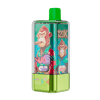 Compact vape device with a bright green mouthpiece and lime-green base, covered by a colorful label showing cartoon monkeys in jackets and flavor badges reading Strawberry Mango and Watermelon Bubble Gum.