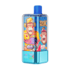 A compact rectangular vape device with a bright blue mouthpiece and turquoise base, featuring a vibrant graphic of two laughing cartoon characters and flavor labels such as Strawberry Watermelon and Black Ice.