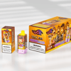 Three orange monkey-themed vaping product packages on a reflective surface: a tall rectangular box on the left, a small bottle with a yellow cap in the center, and a larger box on the right featuring cartoon monkeys, bold '4 in 1' branding, and nicotine warning labels.