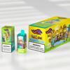 Bright yellow and green vape kit packaging featuring a large 4int box with cartoon monkeys, a turquoise pod device with a clear cartridge, and a smaller green box, all displaying nicotine warning labels.