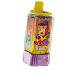 A rectangular vape juice bottle with a bright yellow cap and a purple base, featuring a colorful label with cartoon monkeys, one wearing a cap and headphones, and the '4in1' logo with flavor text strawberry watermelon.