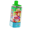 Bright plastic juice bottle for kids with a neon green pour cap and a blue base, featuring a colorful label with cartoon monkeys and tropical imagery (flavor text includes Watermelon Ice).