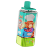 Colorful vape device with a lime-green base and teal mouthpiece, featuring a label of cartoon monkeys in chef hats and flavor text like Aloe Mango Melon and Blueberry Raspberry on a black background.