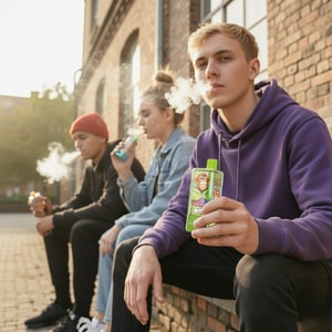 A group of young people sits along a brick wall outside a building; the person in a purple hoodie in the foreground holds a green vape bottle, while others nearby vape and exhale vapor.