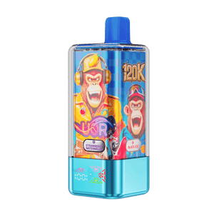 Compact vape device with a colorful label showing two cartoon figures wearing headphones and shouting, a blue mouthpiece, and a turquoise base; flavor markers Strawberry Watermelon and Black Ice are visible on the label.