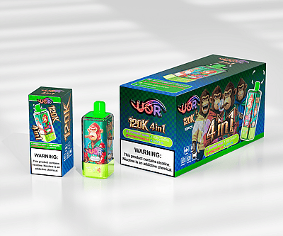 Neon-green vape pod with a cartoon monkey graphic sits between a small boxed kit and a large blue-green '4 in 1' multi-pack box featuring gorilla illustrations and a nicotine warning label.