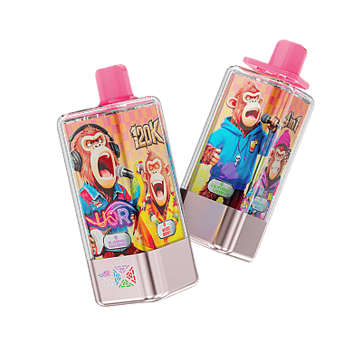 Two disposable vape devices with pink tops and silver bases lean at an angle against a black background, featuring bright cartoon monkey artwork and multicolored branding.