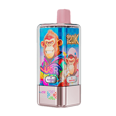 A pink and black handheld vape device with a bright blue label featuring cartoon monkeys in colorful outfits, a pink top cap, and a pink metallic base, with flavor indicators reading Blueberry Ice and Peach Ice.