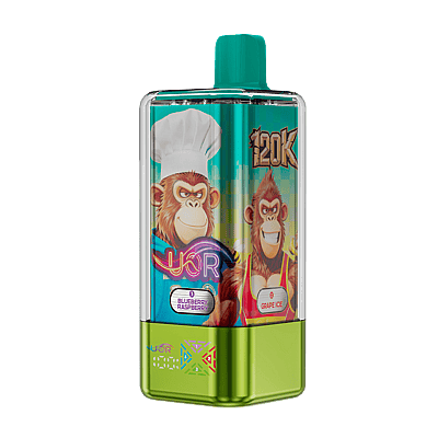 A bright, rectangular vape bottle with a teal cap and lime-green base sits on a black background; its label features two cartoon monkeys, one wearing a chef’s hat, with flavor tags reading Blueberry Raspberry and Grape Ice.