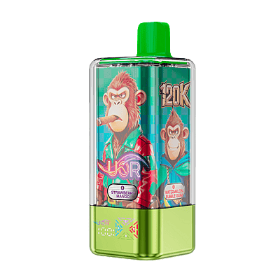 Compact vape device with a bright green mouthpiece and lime-green base, covered by a colorful label showing cartoon monkeys in jackets and flavor badges reading Strawberry Mango and Watermelon Bubble Gum.