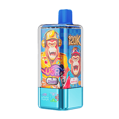 A compact rectangular vape device with a bright blue mouthpiece and turquoise base, featuring a vibrant graphic of two laughing cartoon characters and flavor labels such as Strawberry Watermelon and Black Ice.