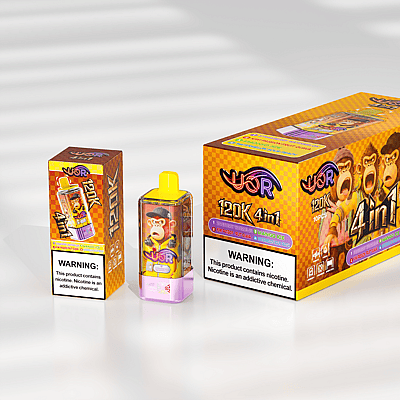Three orange monkey-themed vaping product packages on a reflective surface: a tall rectangular box on the left, a small bottle with a yellow cap in the center, and a larger box on the right featuring cartoon monkeys, bold '4 in 1' branding, and nicotine warning labels.