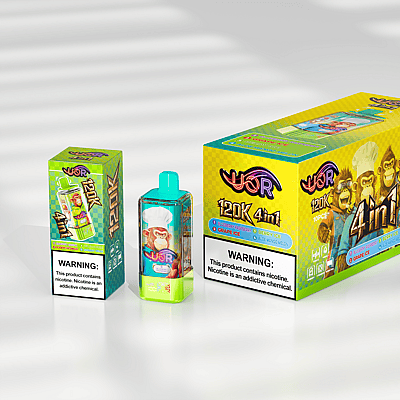 Bright yellow and green vape kit packaging featuring a large 4int box with cartoon monkeys, a turquoise pod device with a clear cartridge, and a smaller green box, all displaying nicotine warning labels.