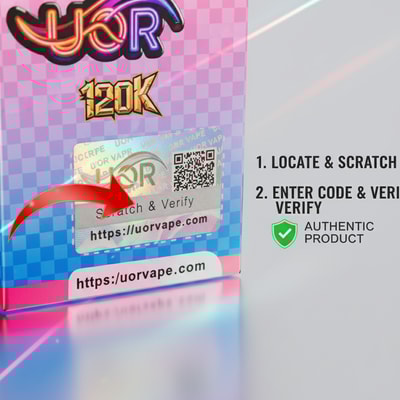 A vibrant pink-to-blue checkerboard vape product box featuring a holographic Scratch & Verify sticker with a URL and a QR code, bold gold '120K' text, and nearby steps reading '1. Locate & Scratch' and '2. Enter Code & Verify' with a green shield indicating an Authentic Product.