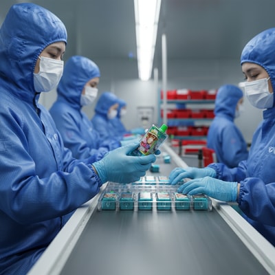 A beverage manufacturing line with workers in blue protective suits and gloves handling a bottle with a colorful label on a conveyor belt as small packaged items pass by in a clean, industrial setting.