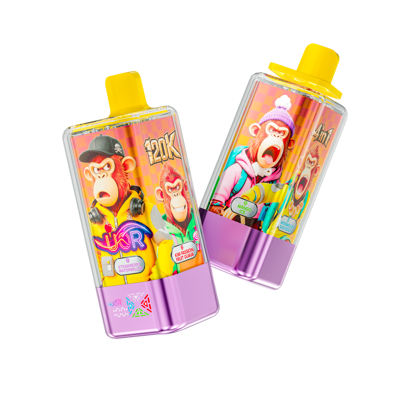 Two bright plastic squeeze bottles with yellow caps, each showing a cartoon monkey in colorful clothing on a pink checkered background; the left bottle features an angry monkey in a yellow jacket with headphones and flavor labels like 'Strawberry Watermelon' and '20K,' while the right bottle shows a screaming monkey in a pink hoodie and purple beanie with a Mango Ice flavor label.