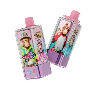 Two glossy rectangular disposable vape devices with pink mouthpieces and purple metallic bases, each wrapped in colorful labels showing stylized cartoon apes in streetwear and flavor names like Watermelon Ice, Blueberry Mint and Fuji Apple Ice against a black background