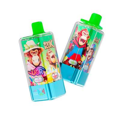 Two colorful squeeze pouches with bright green caps and blue bases, each featuring cartoon monkeys on the label: the left pouch shows apes with a safari hat and the text '120K' with flavor badges like Watermelon Ice and Blueberry Cherry, while the right pouch shows a monkey in a red jacket with a 'Summer Time' badge.