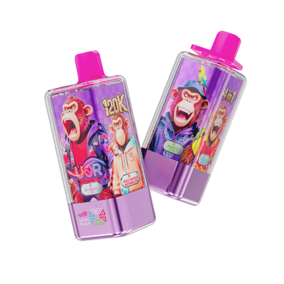 Two purple vape devices with pink caps tilted against a black background, each featuring bright monkey-themed artwork and flavor labels such as Blueberry Ice and Peach Mango Watermelon.