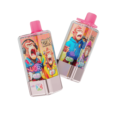 Two disposable vape devices with pink tops and silver bases lean at an angle against a black background, featuring bright cartoon monkey artwork and multicolored branding.