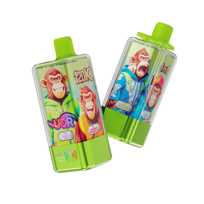Two bright green, rectangular squeeze bottles with lime caps are angled side by side, each featuring a colorful label with animated gorillas in outfits and bold graphics.