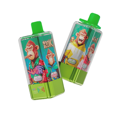Two green-capped vape juice bottles tilted diagonally with colorful monkey cartoon artwork on the labels against a black background.