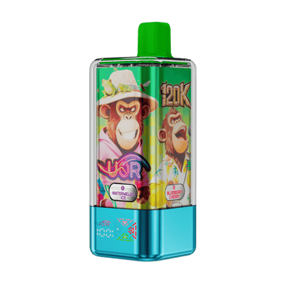 Brightly colored disposable vape bottle with a neon green cap, turquoise bottom, and a playful label showing tropical monkeys and bold graphics, including flavor names like Watermelon Ice and Blueberry Cherry.