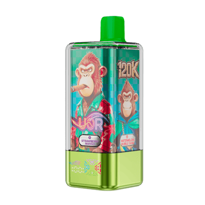 Compact vape device with a bright green mouthpiece and lime-green base, covered by a colorful label showing cartoon monkeys in jackets and flavor badges reading Strawberry Mango and Watermelon Bubble Gum.