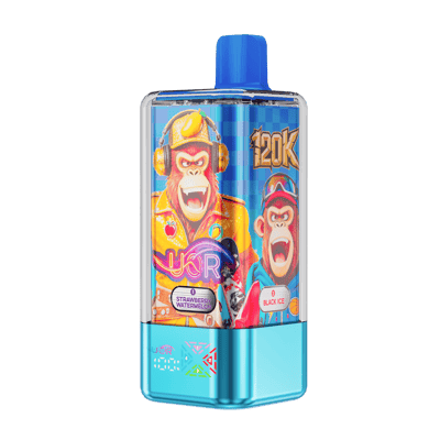 A compact rectangular vape device with a bright blue mouthpiece and turquoise base, featuring a vibrant graphic of two laughing cartoon characters and flavor labels such as Strawberry Watermelon and Black Ice.