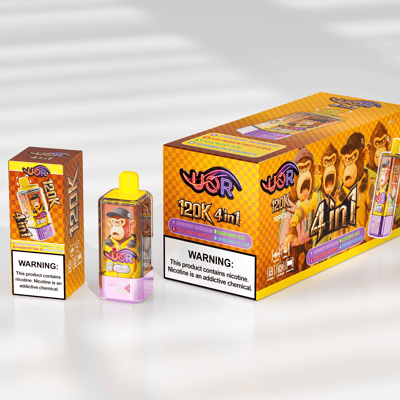 Three orange monkey-themed vaping product packages on a reflective surface: a tall rectangular box on the left, a small bottle with a yellow cap in the center, and a larger box on the right featuring cartoon monkeys, bold '4 in 1' branding, and nicotine warning labels.