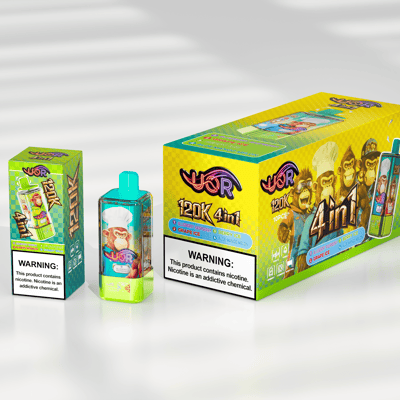 Bright yellow and green vape kit packaging featuring a large 4int box with cartoon monkeys, a turquoise pod device with a clear cartridge, and a smaller green box, all displaying nicotine warning labels.