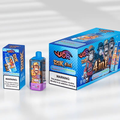 Blue 4in1 vape kit packaging with cartoon monkey artwork, shown with a compact blue vape device and a slim blue box beside a larger blue box on a glossy surface, all featuring a nicotine warning.