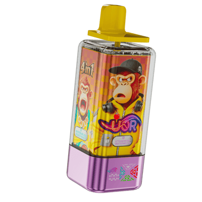A rectangular vape juice bottle with a bright yellow cap and a purple base, featuring a colorful label with cartoon monkeys, one wearing a cap and headphones, and the '4in1' logo with flavor text strawberry watermelon.