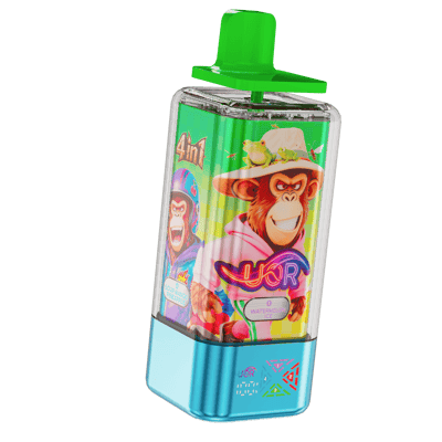 Bright plastic juice bottle for kids with a neon green pour cap and a blue base, featuring a colorful label with cartoon monkeys and tropical imagery (flavor text includes Watermelon Ice).