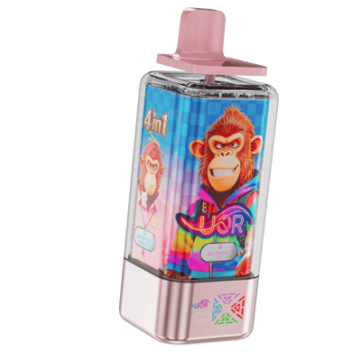 A pink-topped vape pod with a glossy pink cap and bottom, featuring a vibrant label with cartoon monkeys and neon graphics on a blue checkered background.