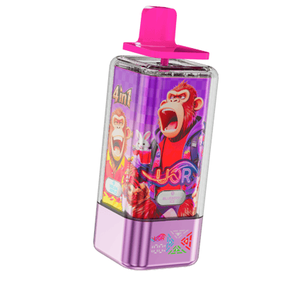 Colorful bottle-shaped vape mod with a bright pink cap and purple body, featuring a neon cartoon label with monkeys and vibrant graphics.