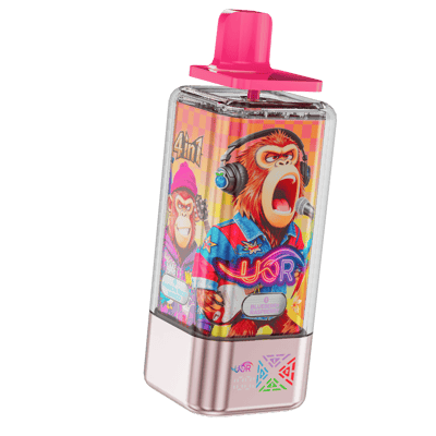 A transparent bottle with a bright pink cap and a metallic bottom, featuring a vivid label showing a lion wearing headphones and singing into a microphone against an orange-pink checkered background, with smaller cartoon animals and flavor labels at the bottom.