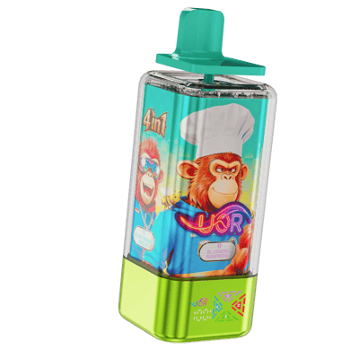 Colorful vape device with a lime-green base and teal mouthpiece, featuring a label of cartoon monkeys in chef hats and flavor text like Aloe Mango Melon and Blueberry Raspberry on a black background.