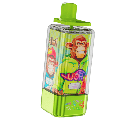 A neon green rectangular bottle with a large lime-green cap, showing a colorful label featuring cartoon monkeys in hoodies and a bold UR logo on a checkered background.