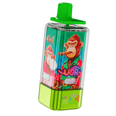 Neon-green and black rectangular vape bottle with a tall green cap, featuring a colorful cartoon monkey label showing a monkey smoking a cigar and a strawberry mango flavor badge.