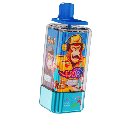 Colorful juice bottle with a bright blue cap and turquoise base, featuring a cartoon label with a purple gorilla and an orange lion wearing headphones on a blue checkered background.